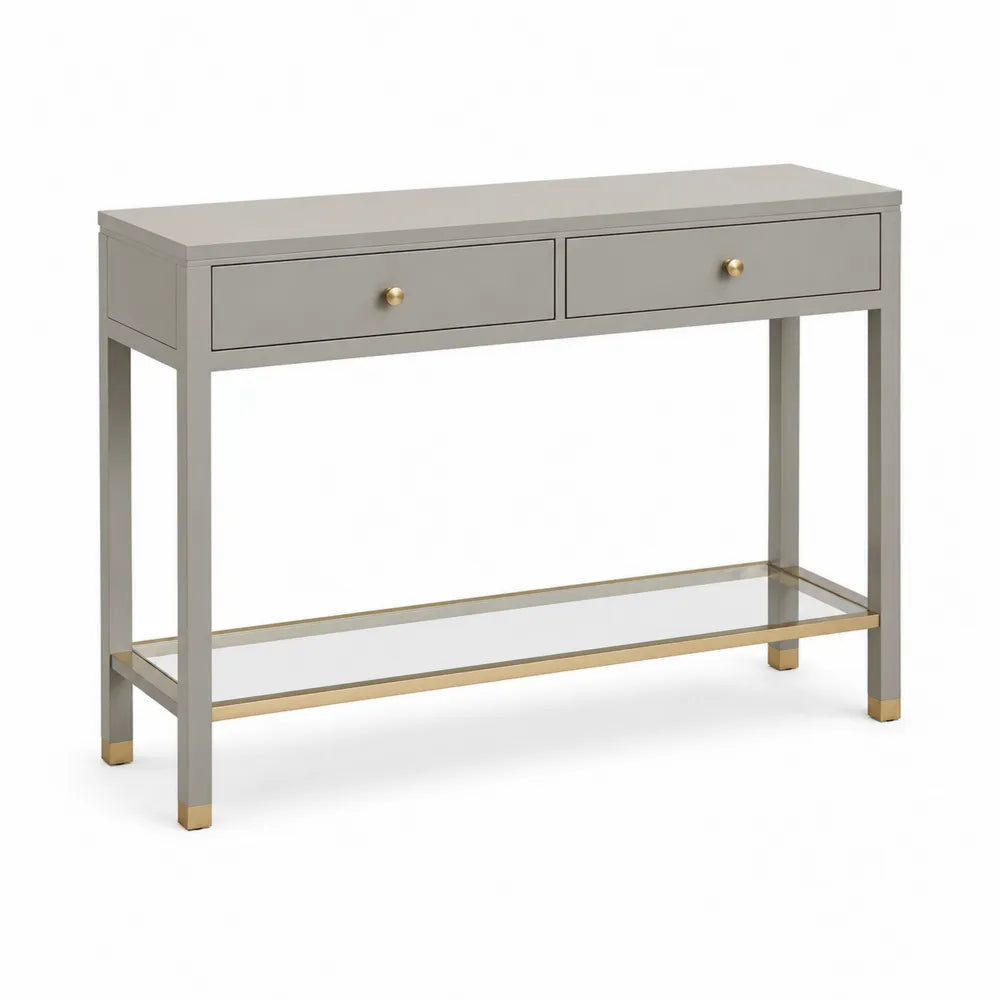 Konsolentisch mit 2 Schubladen 120x35x80 cm MDF Glas Stahl Rechteckig Hellgrau Gold
