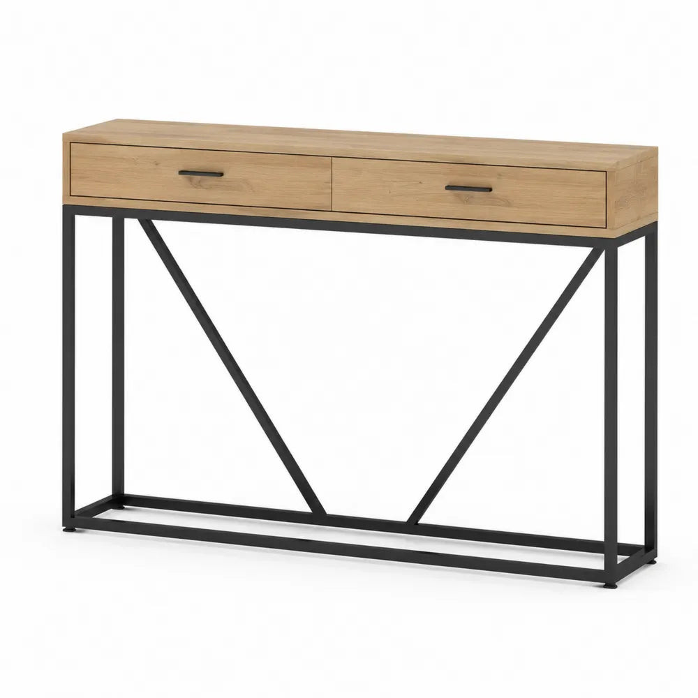 Konsolentisch MDF mit Schubladen Stahlgestell rechteckig Eiche Schwarz 120 x 35 x 80 cm