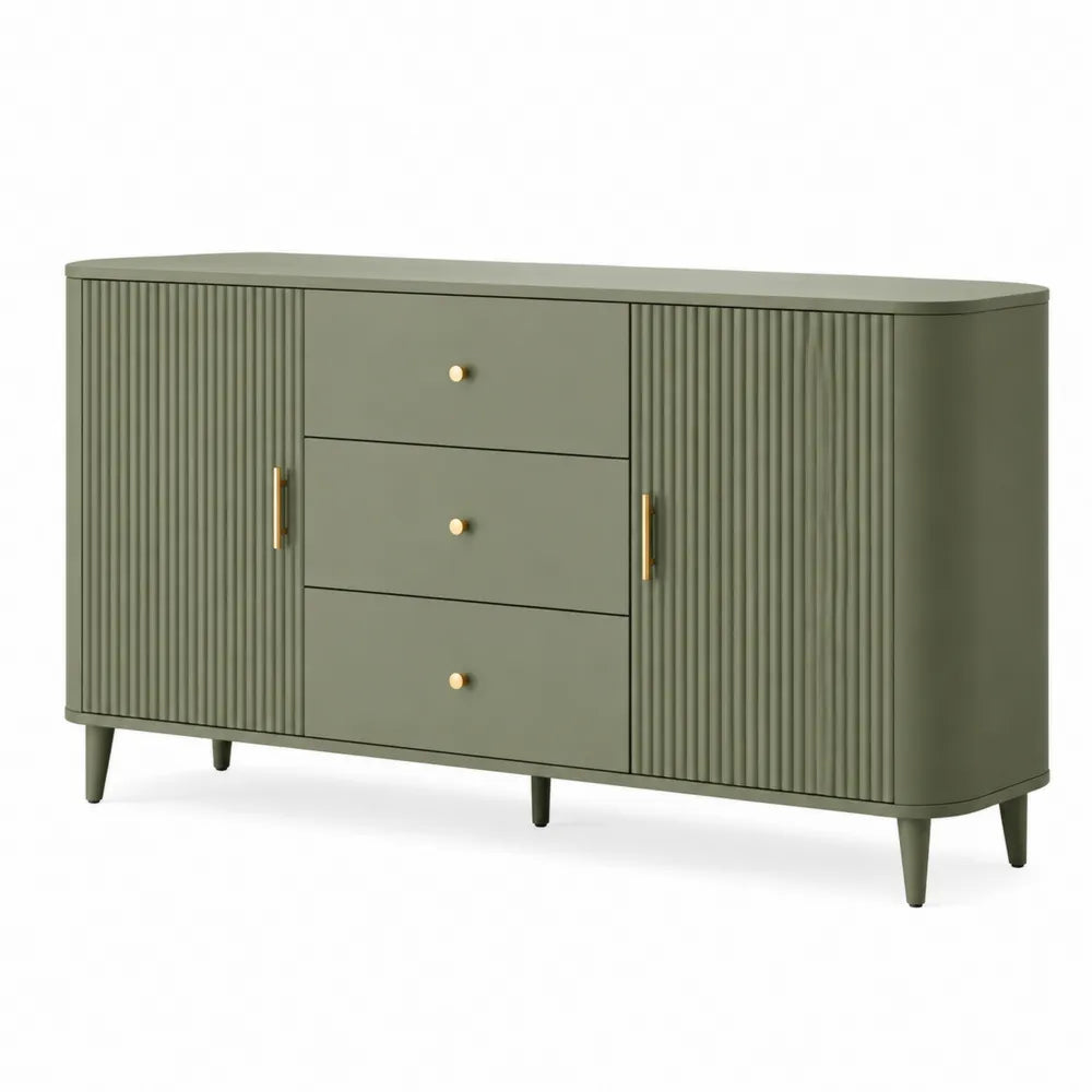 Sideboard mit 2 Türen 3 Schubladen MDF Rillenfronten Metallbeine Grün Gold 160 x 40 x 80 cm