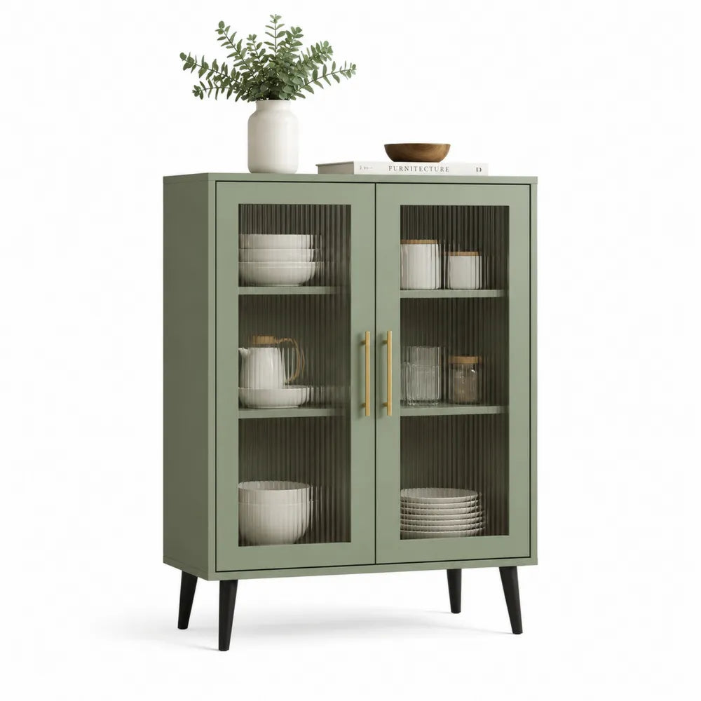 Vitrinenschrank mit 2 Glastüren Riffelglas MDF Einlegeböden Metallbeine Grün Schwarz 90 x 40 x 120 cm