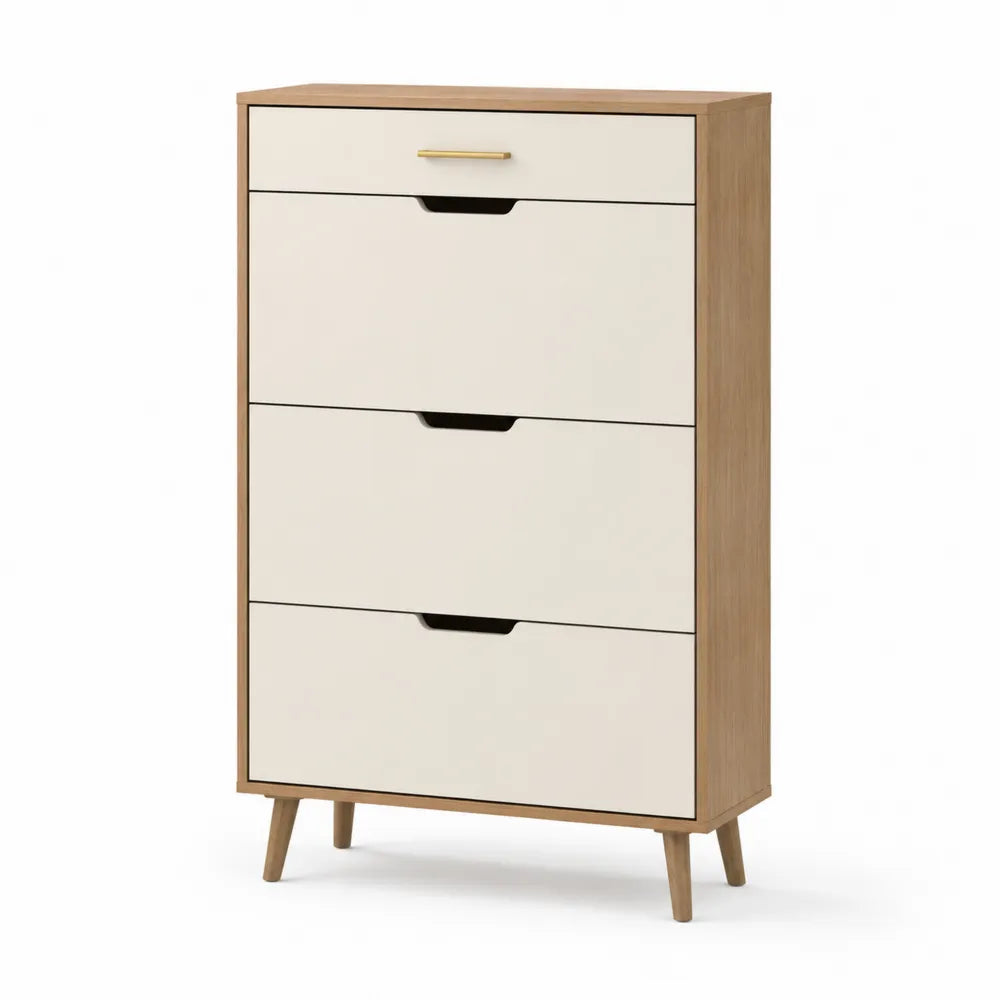 Schuhschrank mit 4 Klappen MDF Holzwerkstoff Eiche Optik Cremeweiß Holzbeine Rechteckig 80 x 35 x 120 cm
