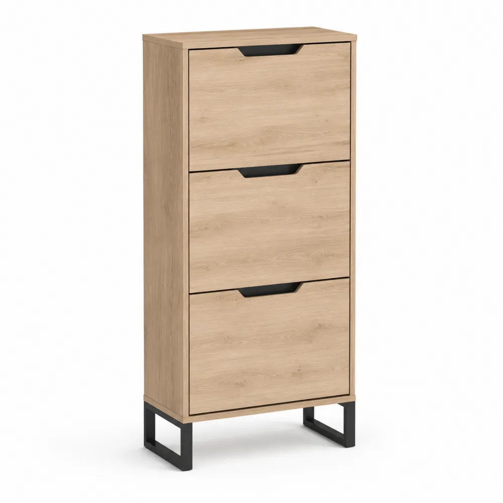 Schuhschrank mit 3 Klappen MDF Holzwerkstoff Eiche Optik Metallfüße Schwarz Rechteckig 60 x 35 x 120 cm