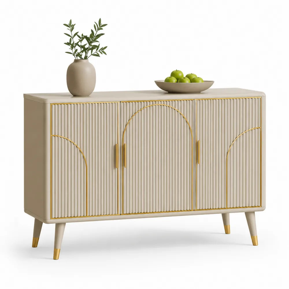 Sideboard mit 4 Türen MDF Rillenfront Metallbeine Gold Details Beige 160 x 40 x 80 cm