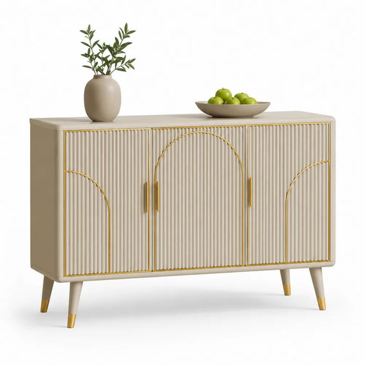 Sideboard mit 4 Türen MDF Rillenfront Metallbeine Gold Details Beige 160 x 40 x 80 cm