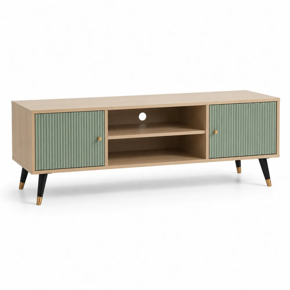 TV Lowboard 180 x 40 x 55 cm MDF Holzdekor Rechteckig Eiche Natur Grün mit Türen und Ablagefach