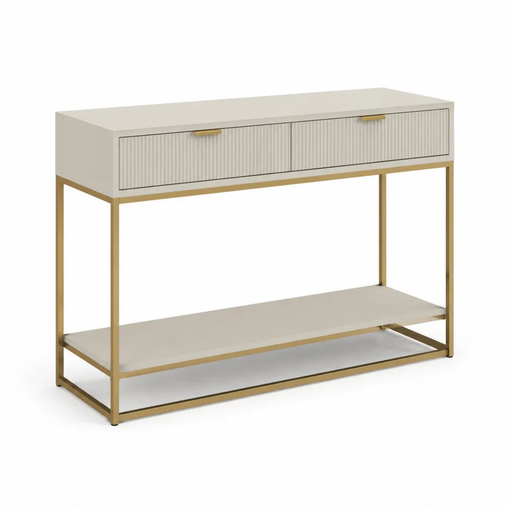 Konsolentisch mit 2 Schubladen MDF Platte Metallgestell Rillenfront rechteckig Weiß Gold 120 x 35 x 80 cm