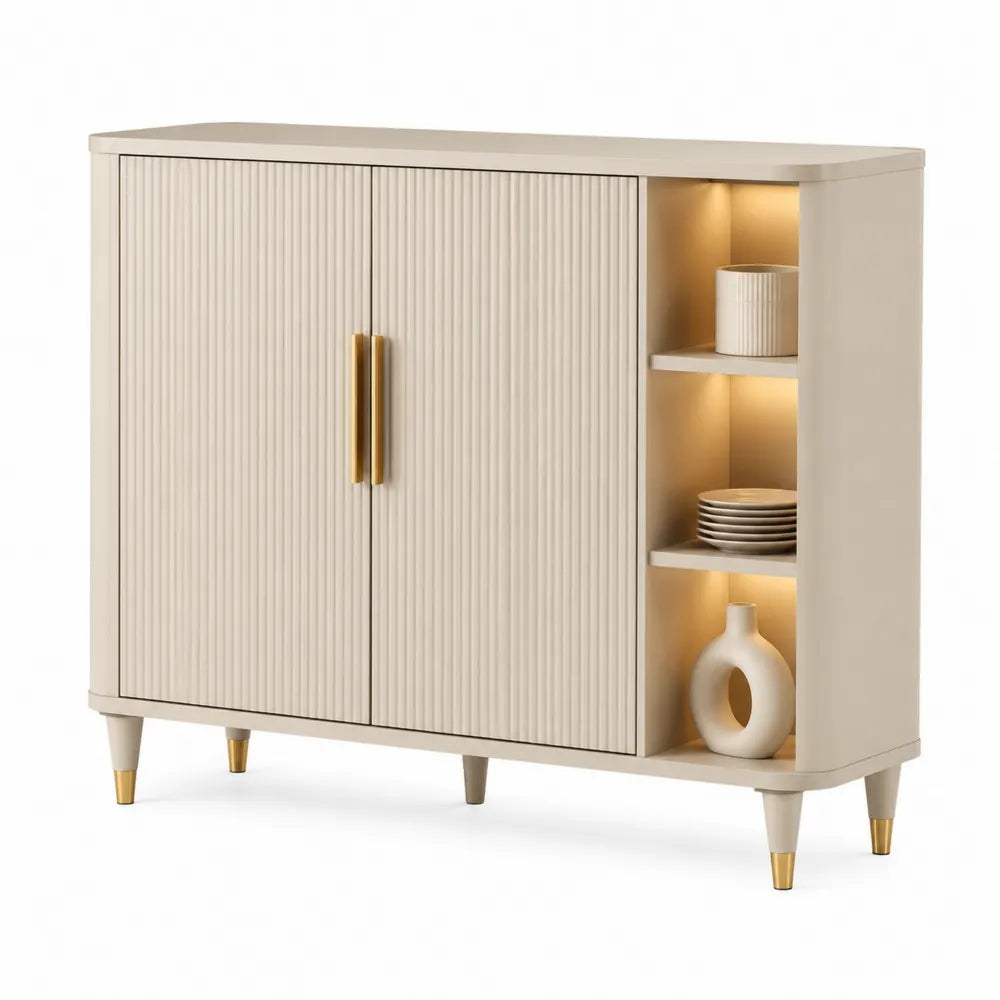Sideboard mit 2 Türen und offenen Fächern MDF Rillenfront Metallbeine Gold Beige 160 x 40 x 85 cm
