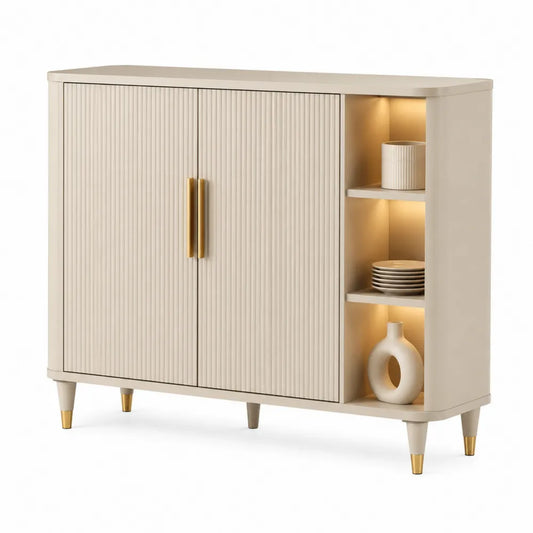 Sideboard mit 2 Türen und offenen Fächern MDF Rillenfront Metallbeine Gold Beige 160 x 40 x 85 cm