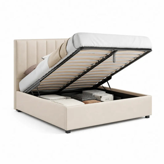 Stauraumbett Polsterbett Doppelbett mit Bettkasten Polyesterbezug Beige 160 x 200 cm