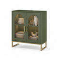 Vitrine Schrank mit 2 Glastüren MDF Holzwerkstoff Metallgestell Grün Gold 100 x 40 x 120 cm