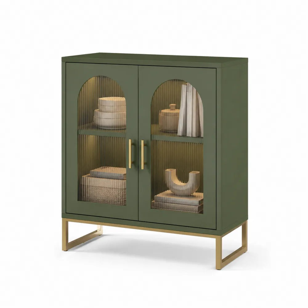 Vitrine Schrank mit 2 Glastüren MDF Holzwerkstoff Metallgestell Grün Gold 100 x 40 x 120 cm