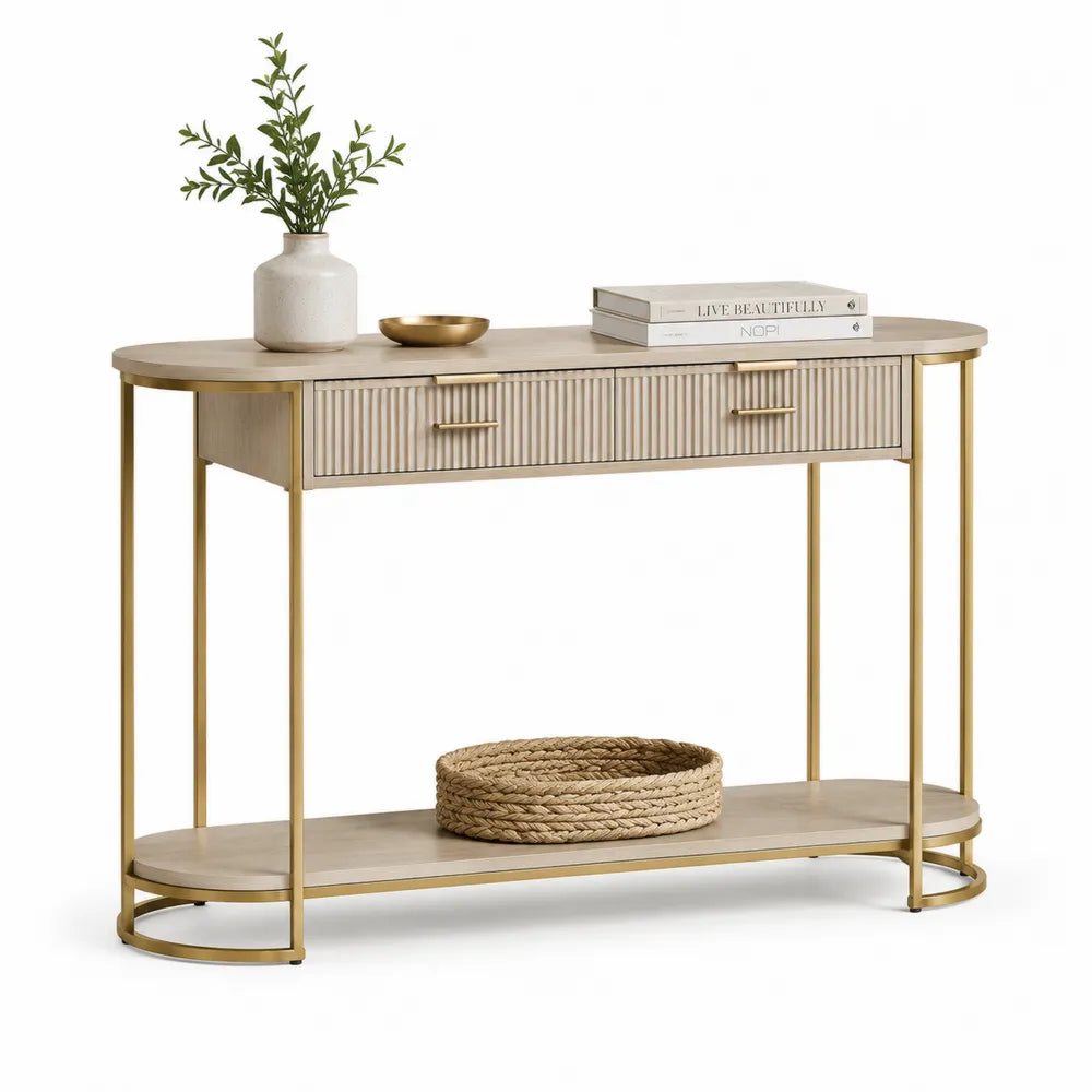 Konsolentisch 140x35x80 cm MDF Stahl Rechteckig Beige Gold mit 2 Schubladen und Ablagefläche