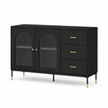 Sideboard mit 2 Türen 3 Schubladen MDF geriffelte Glasfront Metallbeine Schwarz Gold 160 x 40 x 80 cm