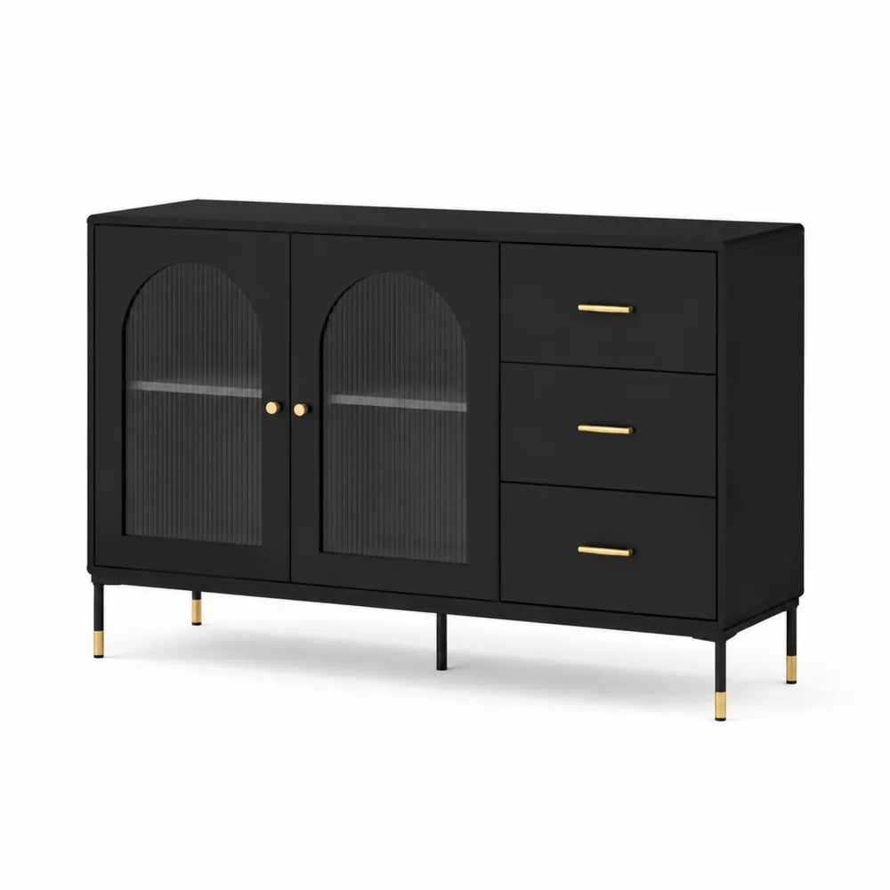 Sideboard mit 2 Türen 3 Schubladen MDF geriffelte Glasfront Metallbeine Schwarz Gold 160 x 40 x 80 cm