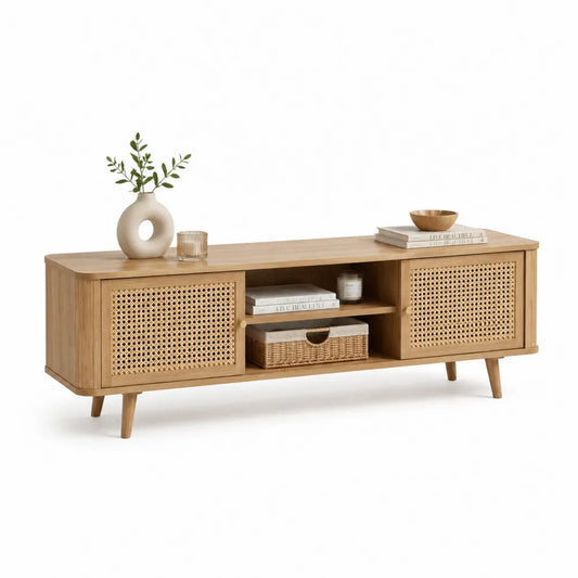 TV Lowboard 180 x 40 x 55 cm MDF Holzdekor Rechteckig Natur mit Rattanfronten und Türen
