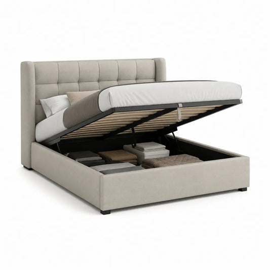 Stauraumbett Doppelbett Polsterbett 160 x 200 cm Stoffbezug Beige mit Bettkasten