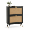Schuhschrank mit 2 Klappen Rattan Optik MDF Metallbeine rechteckig Schwarz Beige Gold 80 x 35 x 100 cm