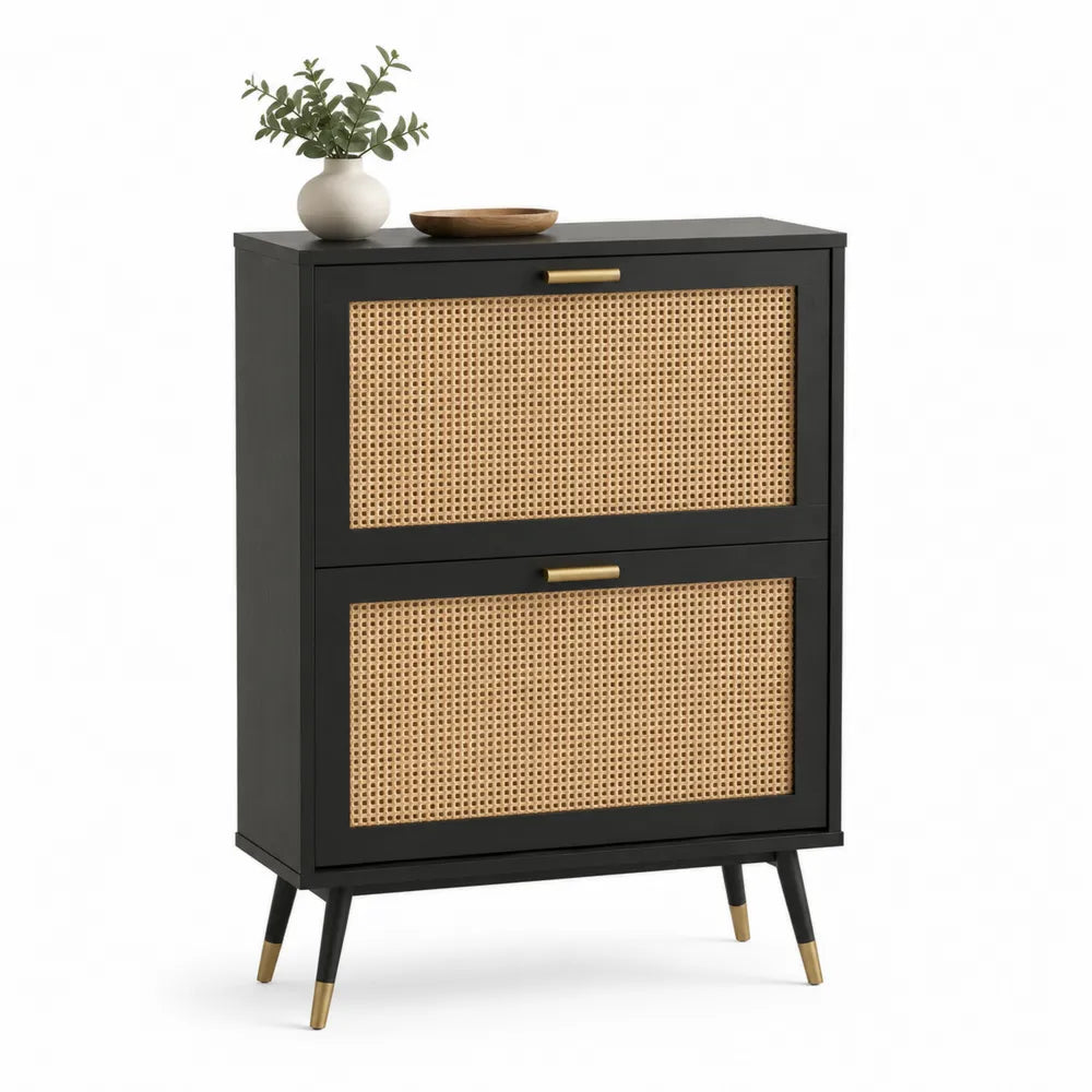Schuhschrank mit 2 Klappen Rattan Optik MDF Metallbeine rechteckig Schwarz Beige Gold 80 x 35 x 100 cm