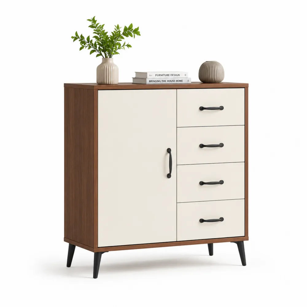 Sideboard Kommode mit Tür Schubladen MDF Holzdekor Metallbeine Braun Beige Schwarz 120 x 40 x 85 cm