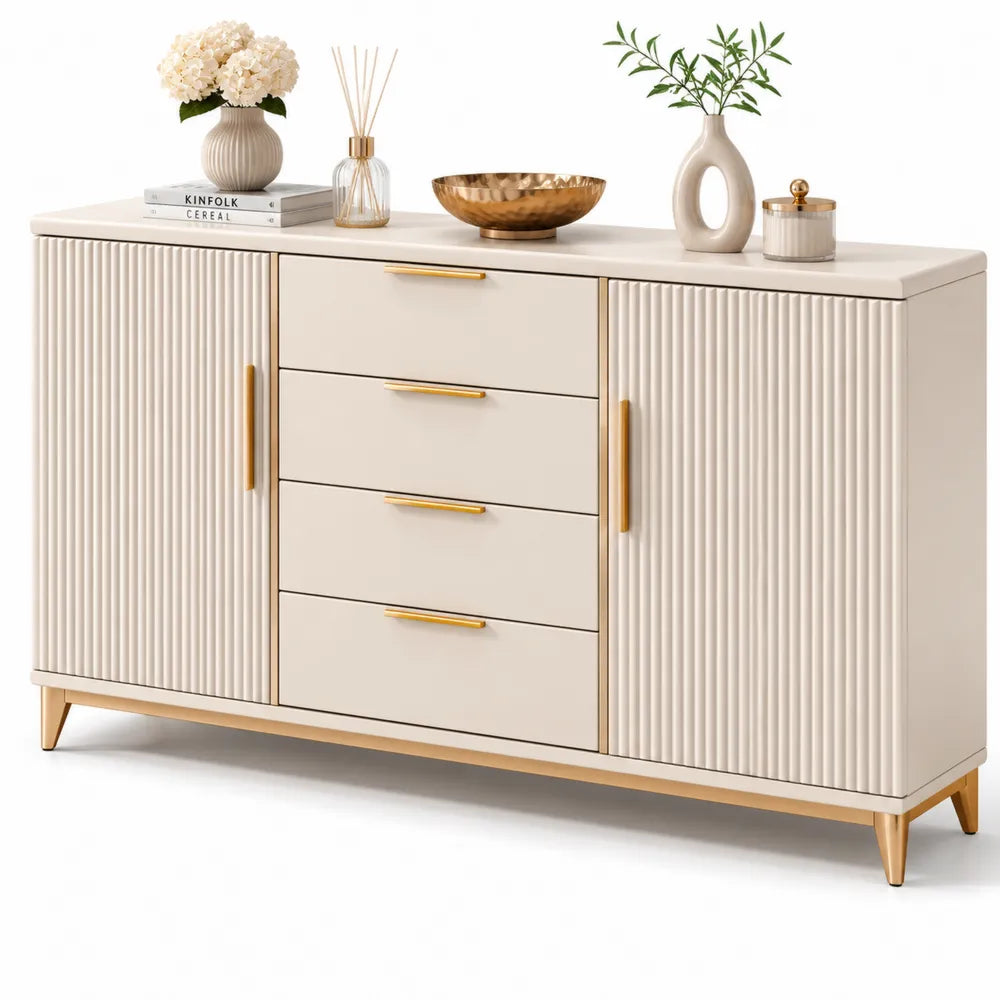 Sideboard Kommode mit Türen Schubladen MDF Rillenfronten Metallbeine Beige Gold 160 x 40 x 80 cm