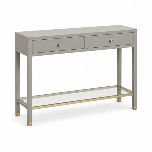 Konsolentisch mit 2 Schubladen 120x35x80 cm MDF Glas Stahl Rechteckig Hellgrau Gold