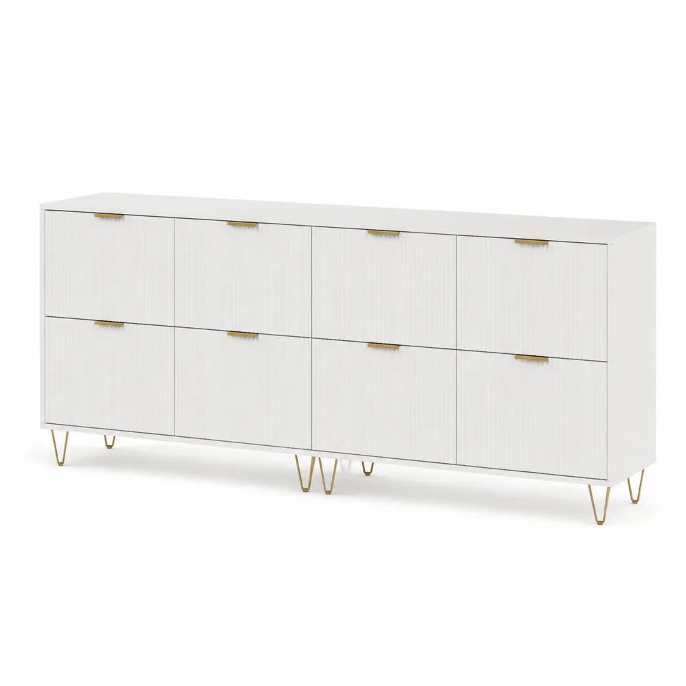 Sideboard Kommode mit Türen MDF Rillenfronten Metallbeine Weiß Gold 240 x 40 x 80 cm