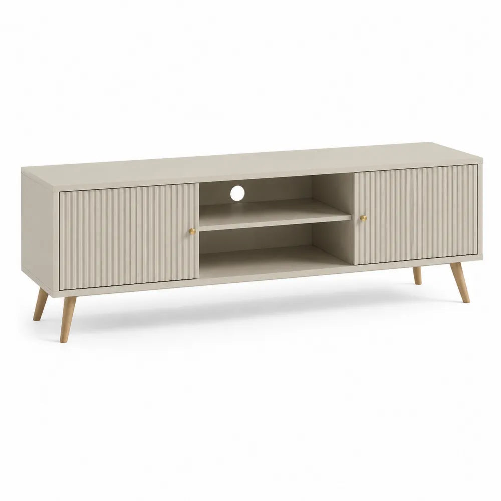 TV Lowboard MDF Rechteckig Beige mit Türen Ablagefach und Holzbeinen 180 x 40 x 55 cm