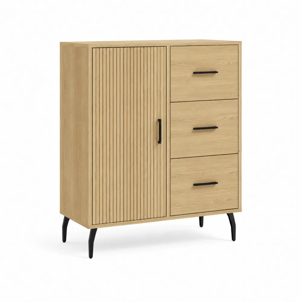 Sideboard mit Tür und 3 Schubladen MDF Holzwerkstoff Rillenfront Metallbeine Natur Schwarz 120 x 40 x 85 cm
