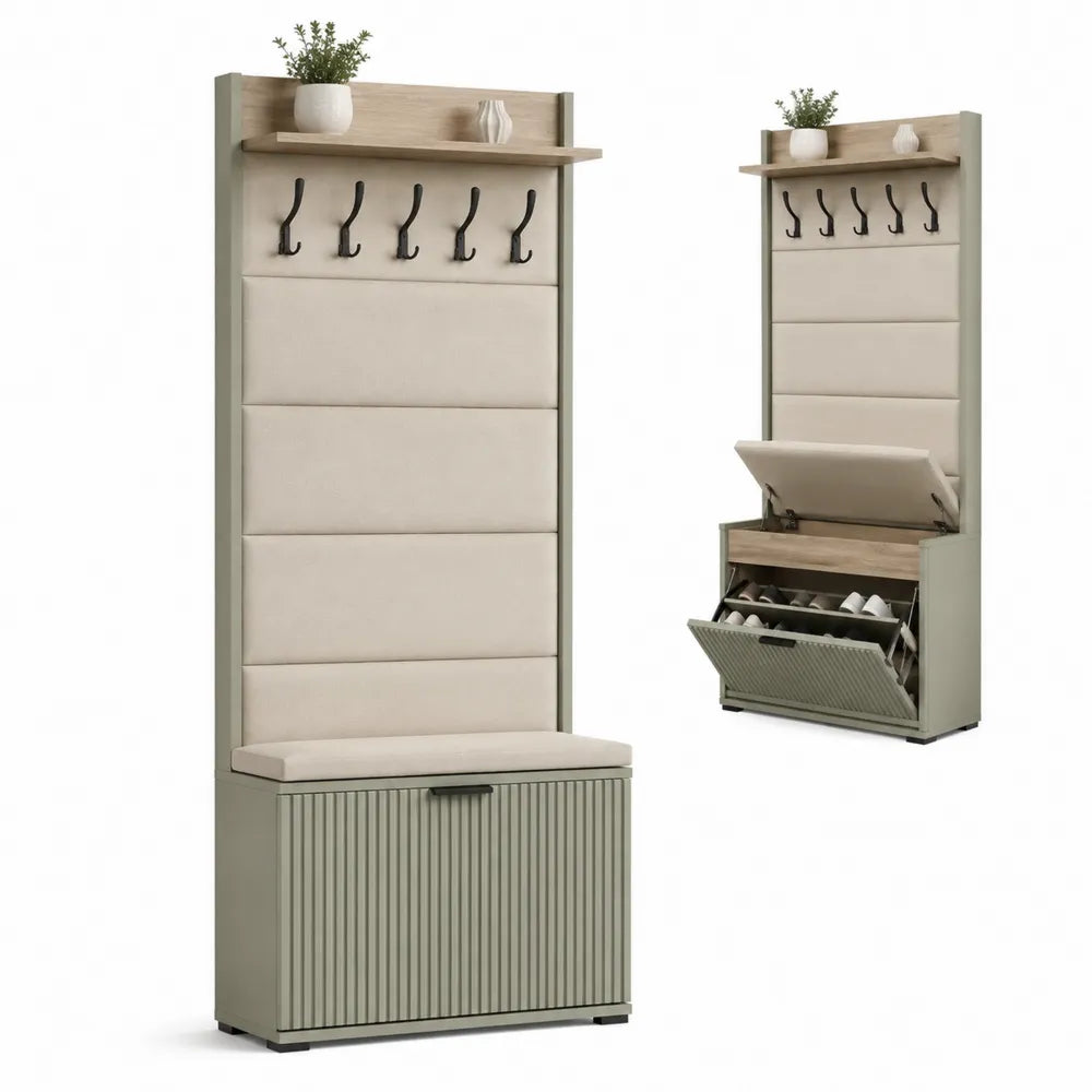 Schuhschrank mit Sitzbank Garderobenpaneel Haken Ablage MDF rechteckig Creme Weiß Eiche 100 x 35 x 180 cm