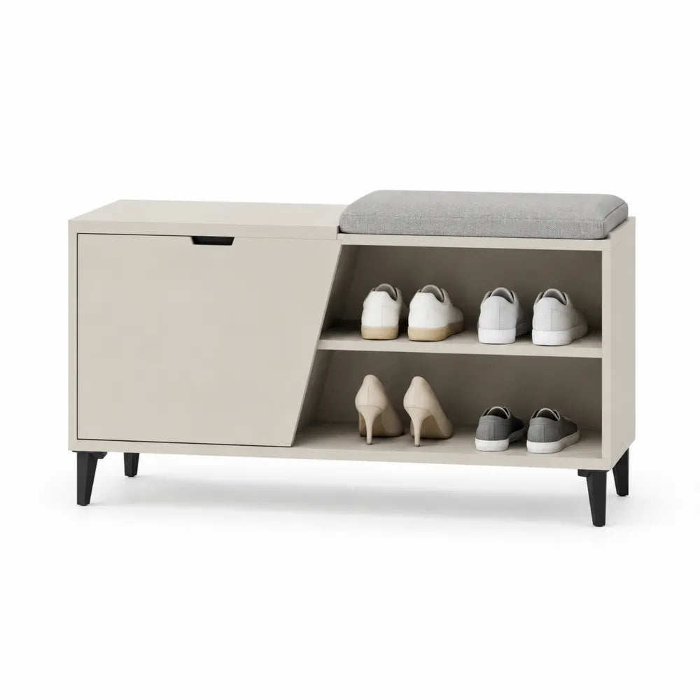 Schuhbank mit Stauraum MDF Holzwerkstoff Sitzkissen Schwarze Metallbeine Beige Grau 120 x 35 x 50 cm