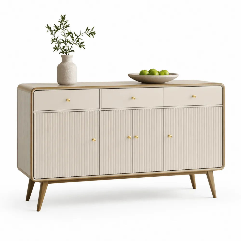 Sideboard mit 4 Türen 3 Schubladen MDF Rillenfront Metallbeine Gold Beige 160 x 40 x 80 cm
