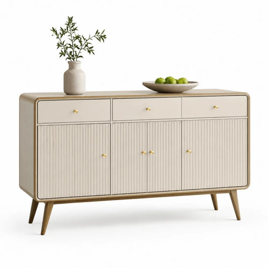Sideboard mit 4 Türen 3 Schubladen MDF Rillenfront Metallbeine Gold Beige 160 x 40 x 80 cm