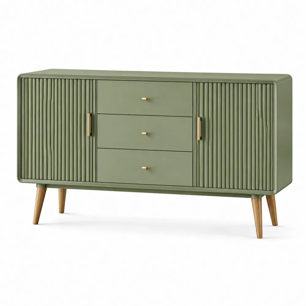 Sideboard Kommode mit Türen Schubladen MDF Rillenfronten Holzbeine Grün Natur 160 x 40 x 80 cm