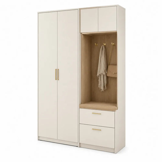 Schuhschrank mit Garderobe Türen Schubladen Sitzfläche MDF rechteckig Cremeweiß Eiche Gold 160 x 35 x 200 cm