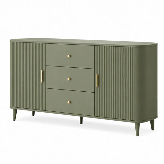 Sideboard mit 2 Türen 3 Schubladen MDF Rillenfronten Metallbeine Grün Gold 160 x 40 x 80 cm