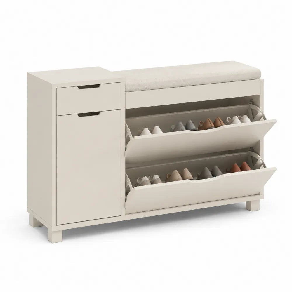 Schuhschrank mit Sitzbank Klappen Schubladen MDF rechteckig Weiß 120 x 35 x 50 cm