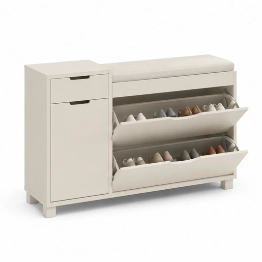 Schuhschrank mit Sitzbank Klappen Schubladen MDF rechteckig Weiß 120 x 35 x 50 cm