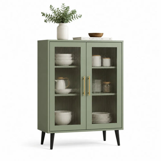 Vitrinenschrank mit 2 Glastüren Riffelglas MDF Einlegeböden Metallbeine Grün Schwarz 90 x 40 x 120 cm