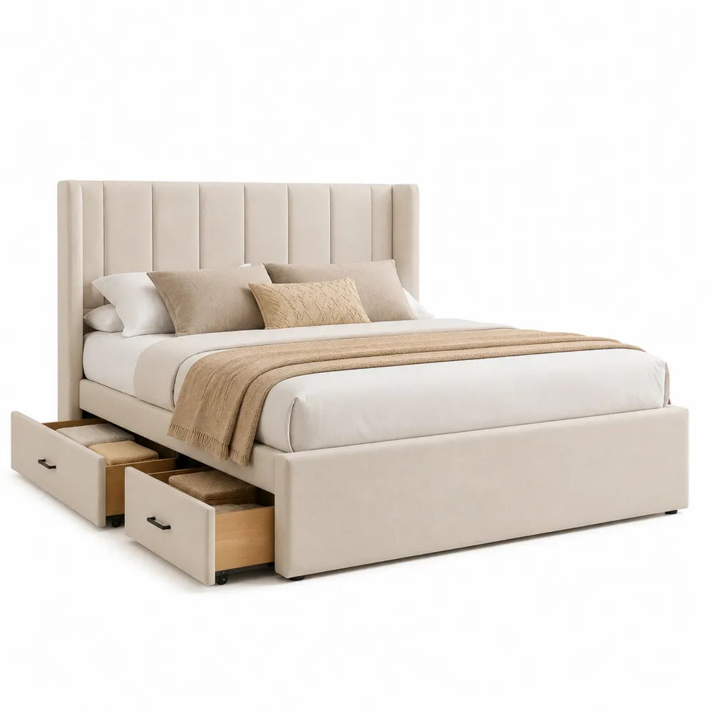 Stauraumbett Doppelbett Polsterbett 160 x 200 cm Stoffbezug Beige mit Schubladen