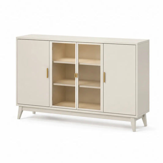Sideboard Kommode mit Glastüren Türen MDF Metallbeine Weiß Gold 160 x 40 x 80 cm